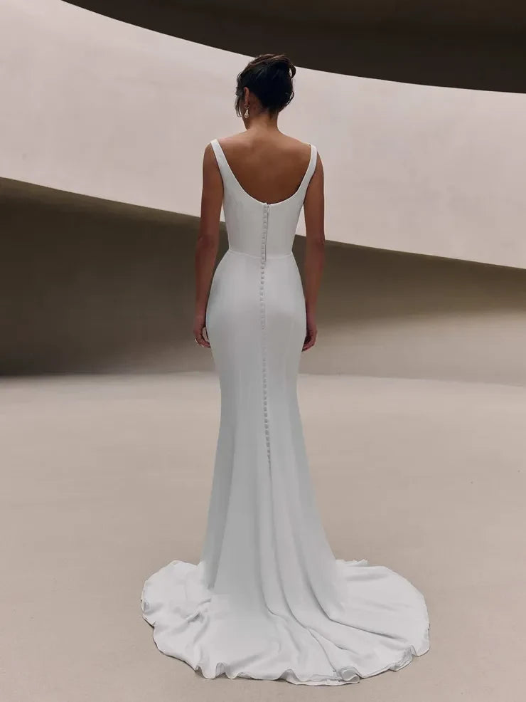 Elegant Sheath Cowl Neck Sleeveless Ruched White Floor-Length Wedding Gown