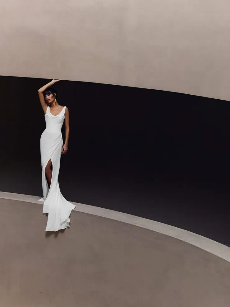 Elegant Sheath Cowl Neck Sleeveless Ruched White Floor-Length Wedding Gown