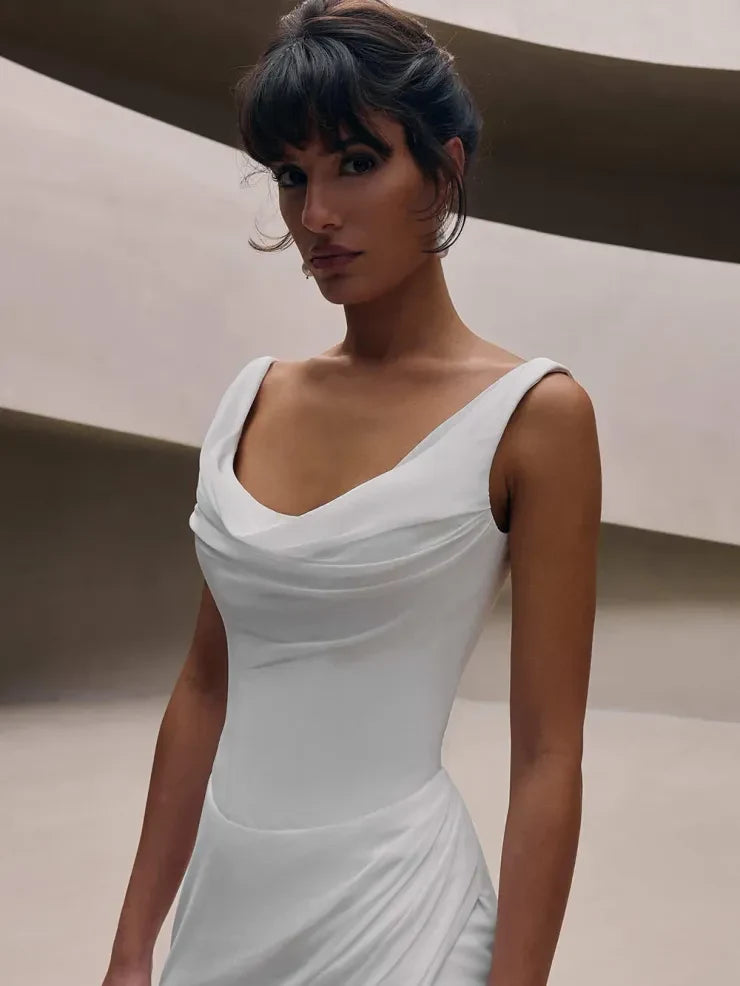 Elegant Sheath Cowl Neck Sleeveless Ruched White Floor-Length Wedding Gown