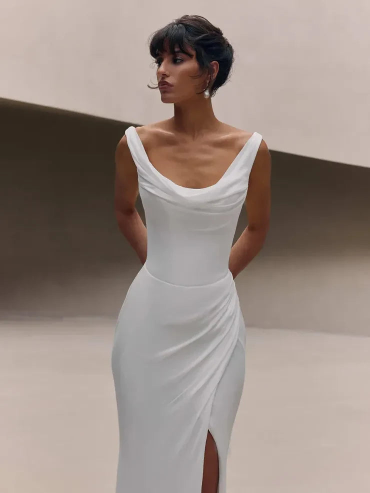 Elegant Sheath Cowl Neck Sleeveless Ruched White Floor-Length Wedding Gown