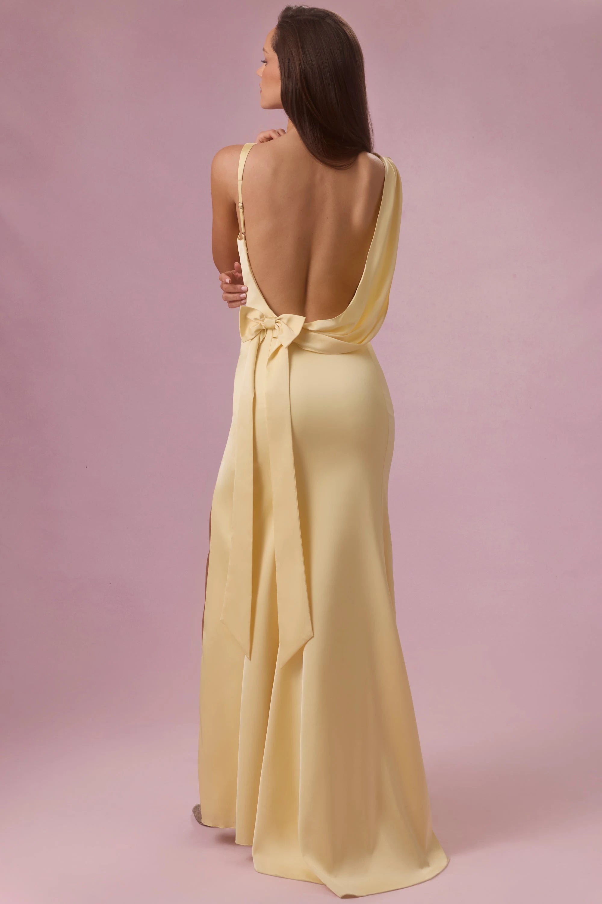 Elegant Sheath Deep V-Neck Sleeveless High Slit Backless Yellow Floor Prom Gown