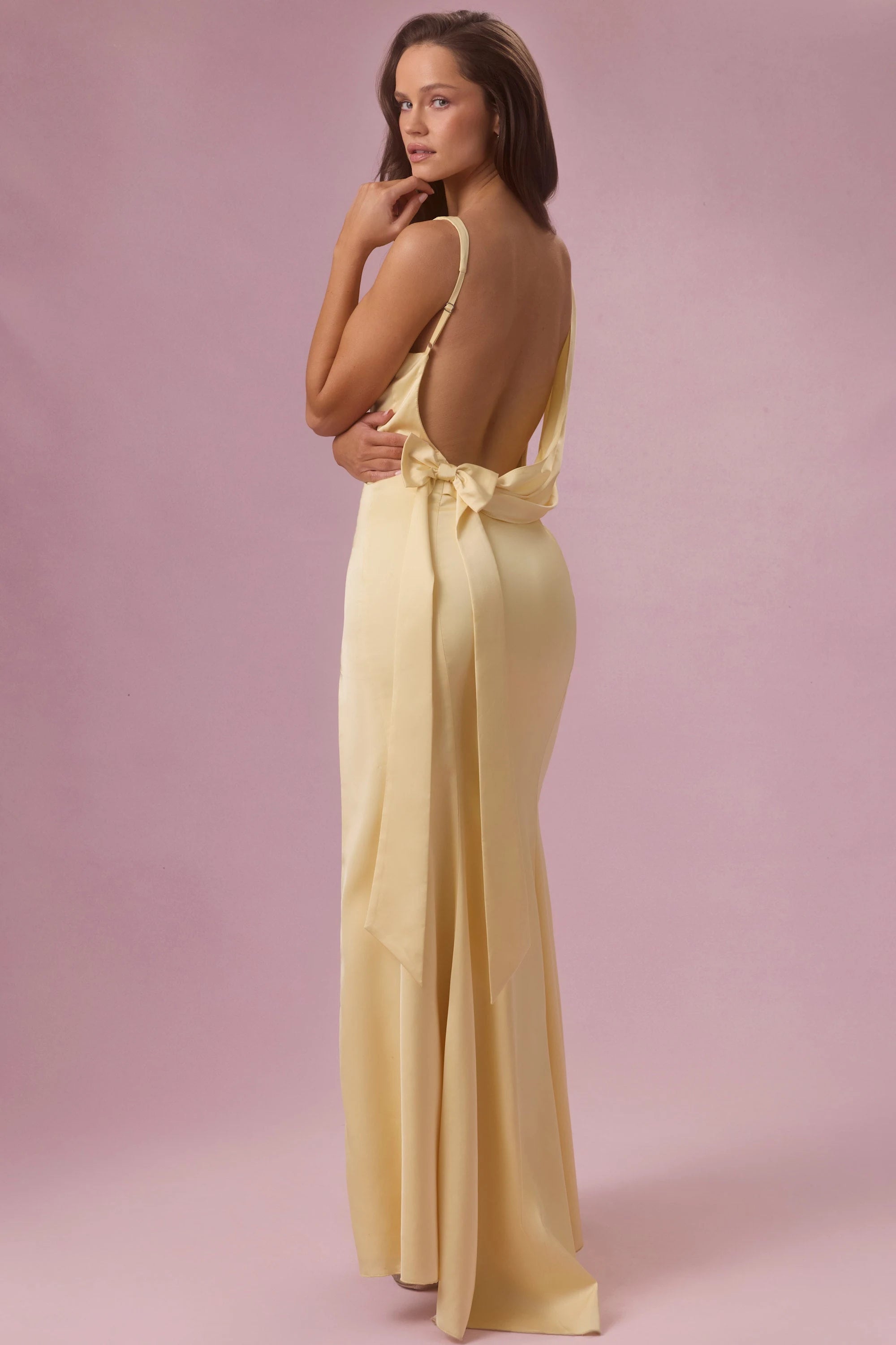 Elegant Sheath Deep V-Neck Sleeveless High Slit Backless Yellow Floor Prom Gown