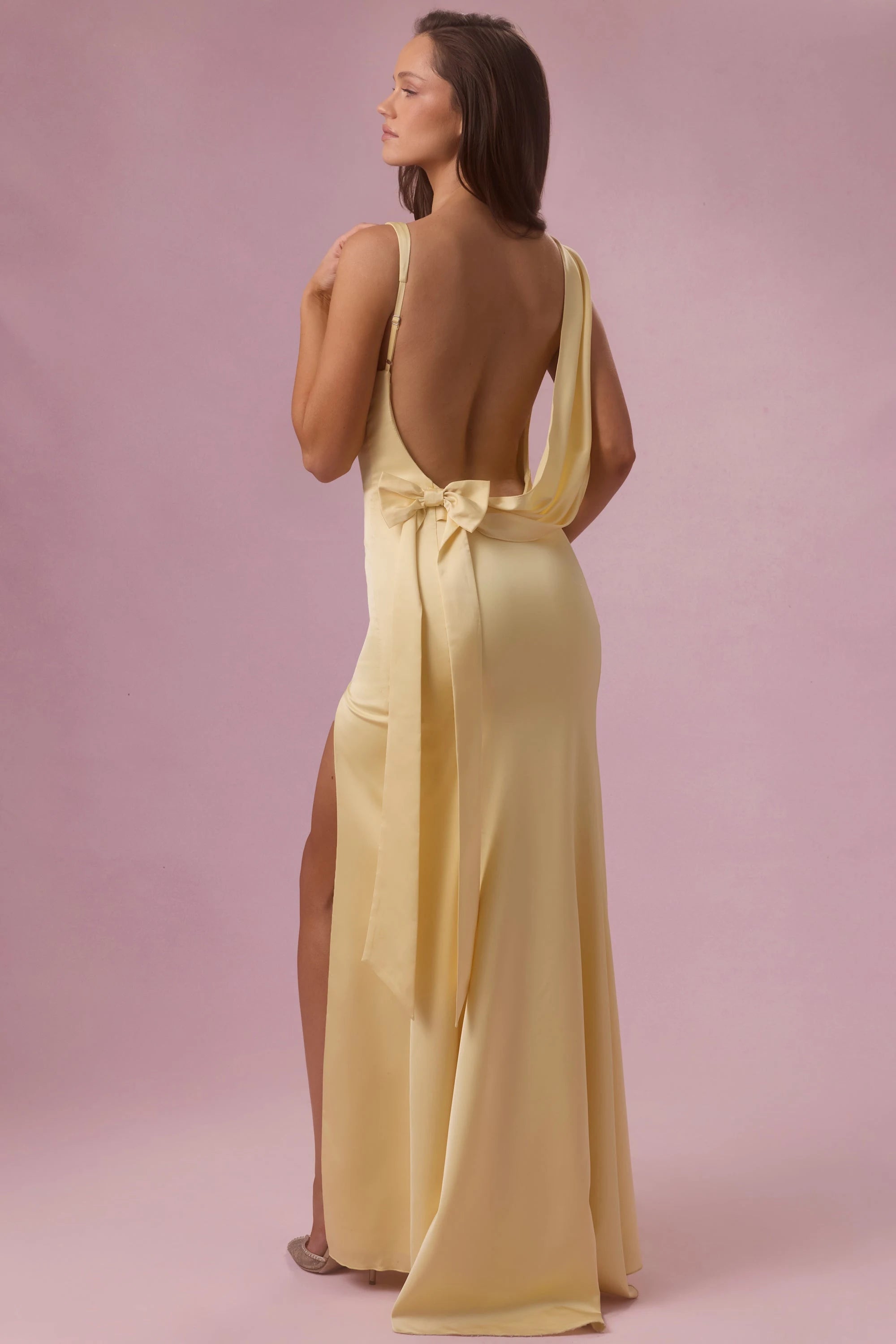 Elegant Sheath Deep V-Neck Sleeveless High Slit Backless Yellow Floor Prom Gown