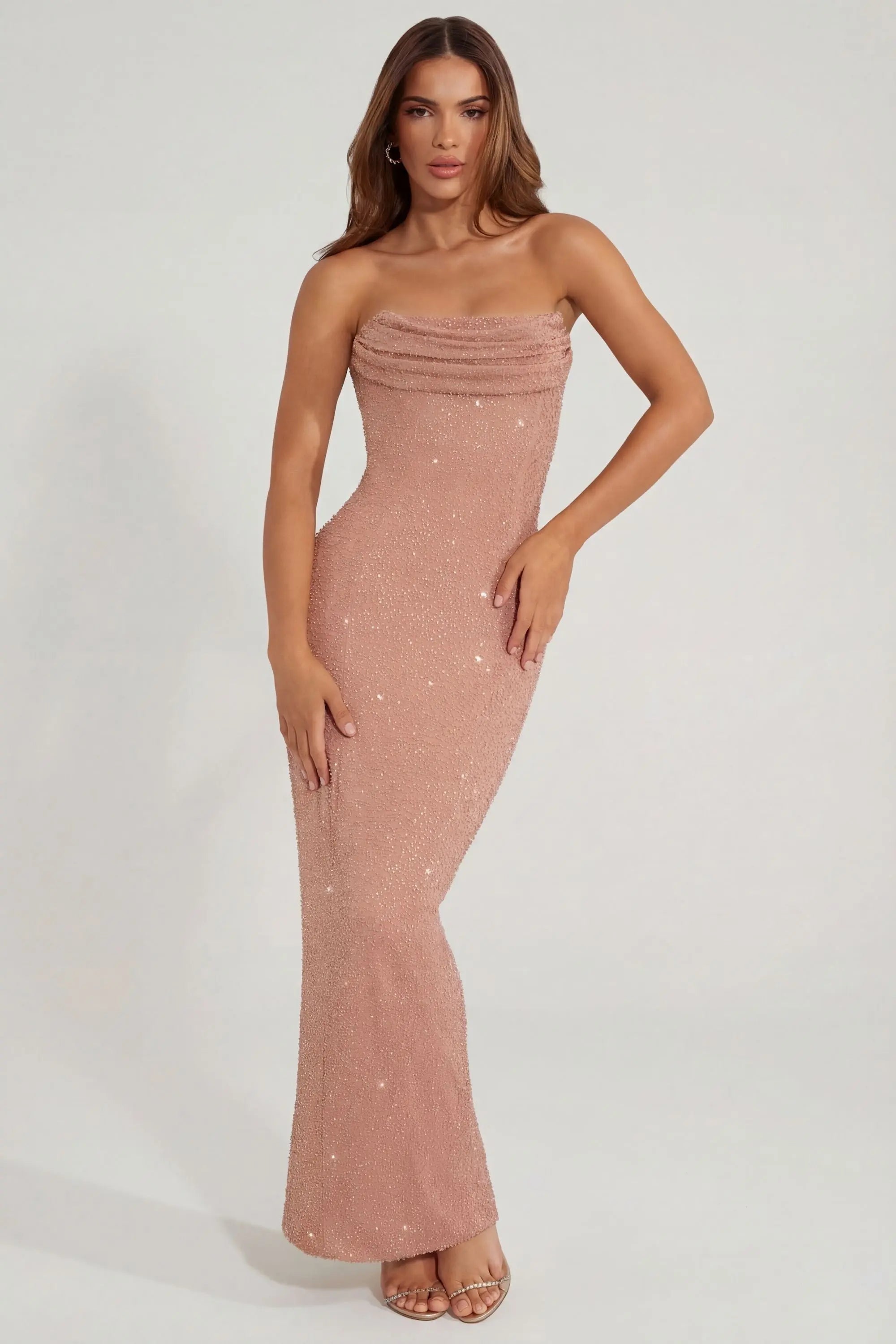 Elegant Sheath Draped Strapless Beaded Shimmering Dusty Rose Floor-Length Prom Dress