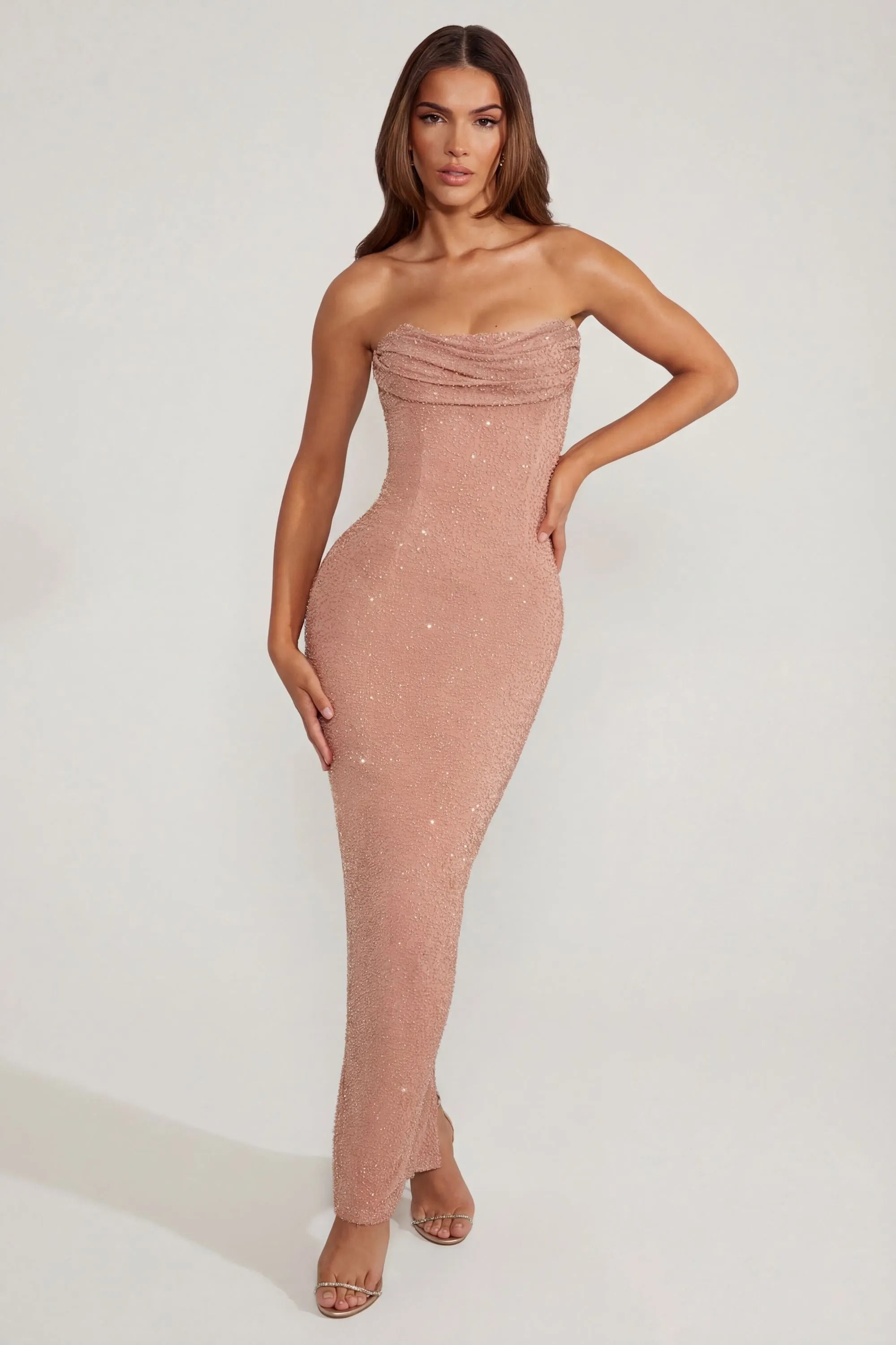 Elegant Sheath Draped Strapless Beaded Shimmering Dusty Rose Floor-Length Prom Dress