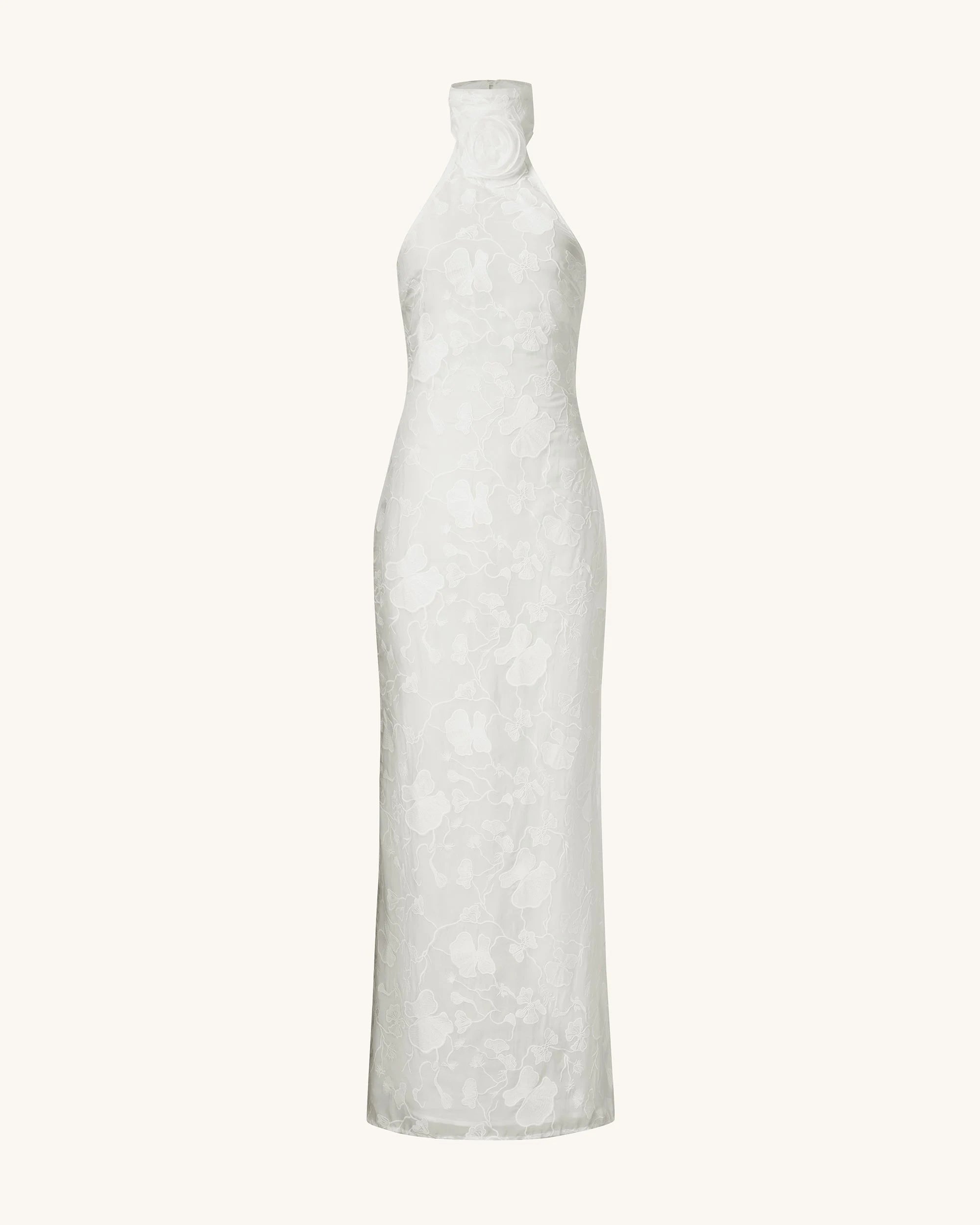 Elegant Sheath Halter Sleeveless Floral Applique White Floor-Length Prom Dress Women's Gown
