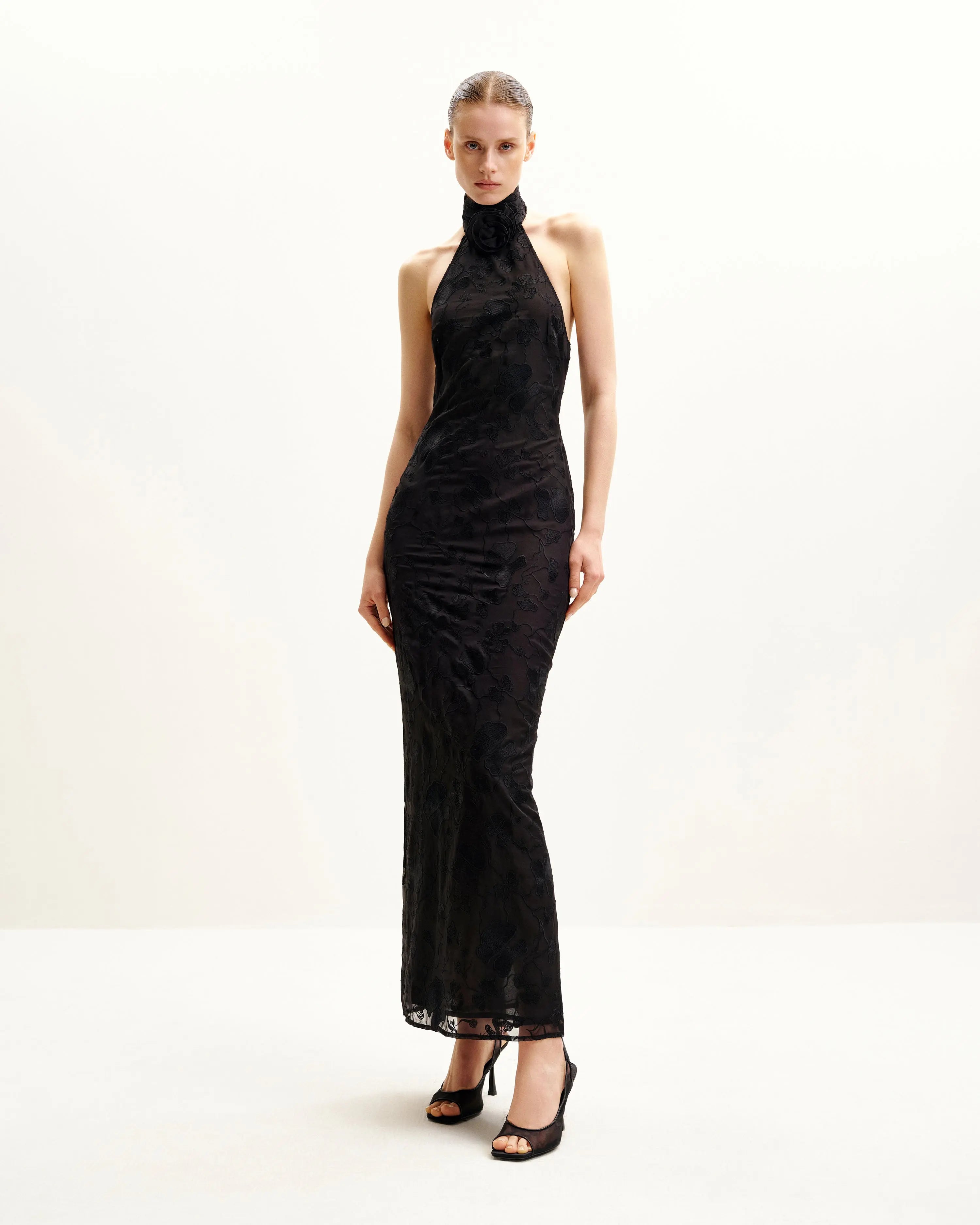 Elegant Sheath Halter Sleeveless Floral Jacquard Black Floor-Length Prom Dresses Women's Gown