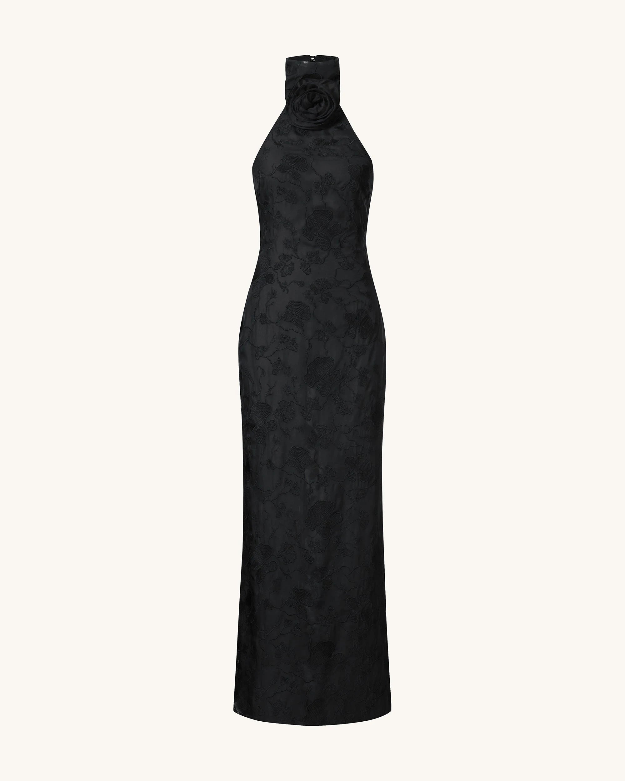 Elegant Sheath Halter Sleeveless Floral Jacquard Black Floor-Length Prom Dresses Women's Gown