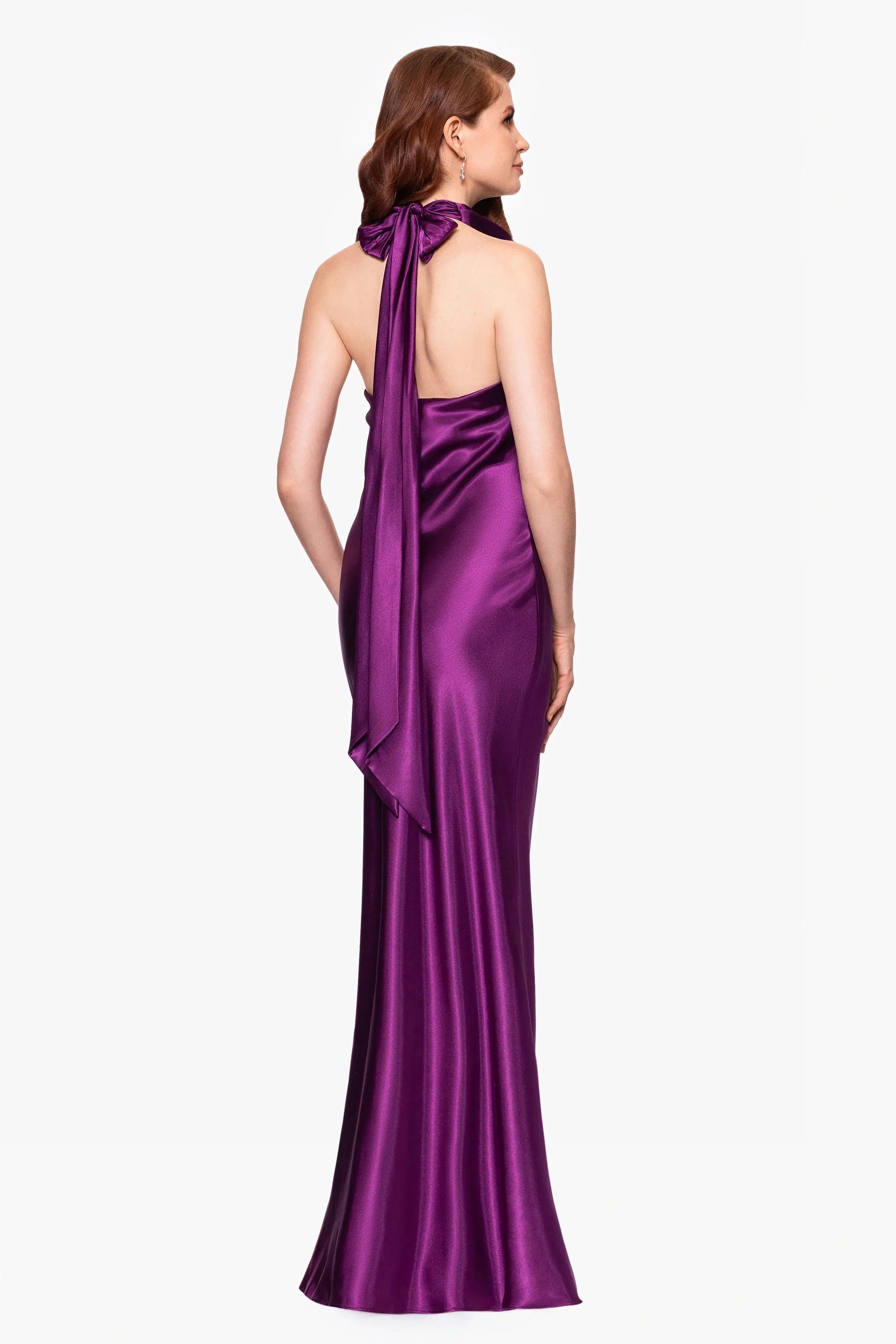 Elegant Sheath Halter Sleeveless Open Back Purple Floor-Length Prom Gown