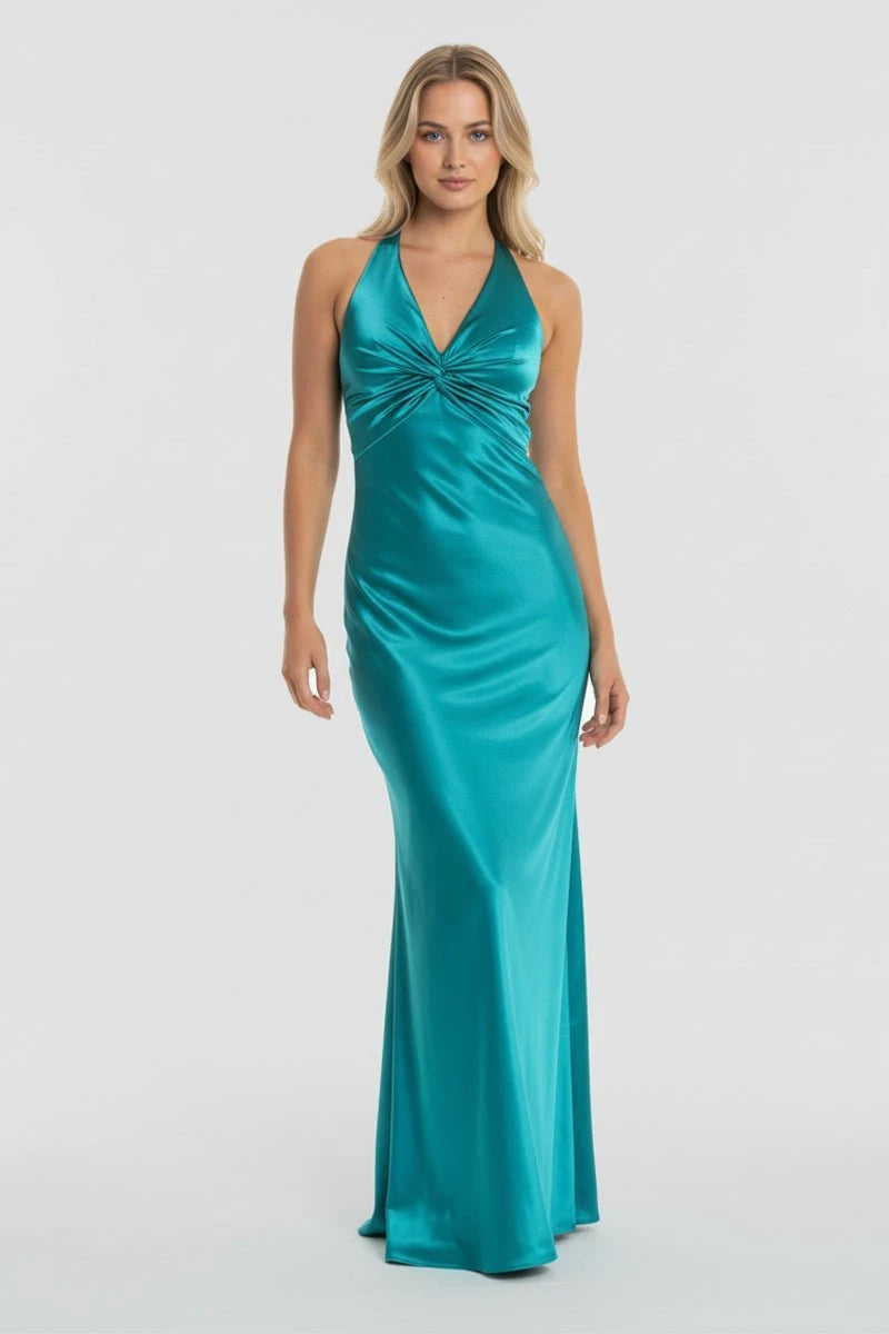 Elegant Sheath Halter Sleeveless Ruched Backless Teal Long Prom Dresses Women Gown