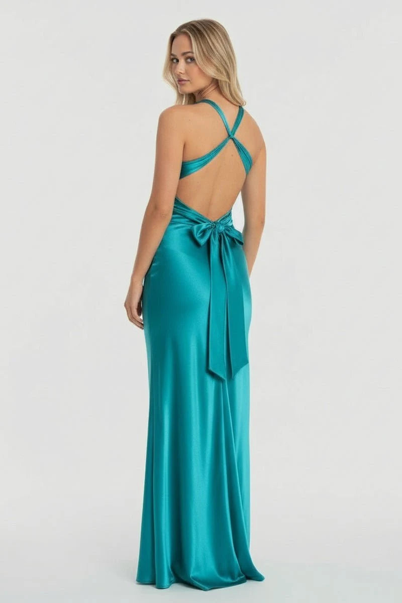 Elegant Sheath Halter Sleeveless Ruched Backless Teal Long Prom Dresses Women Gown