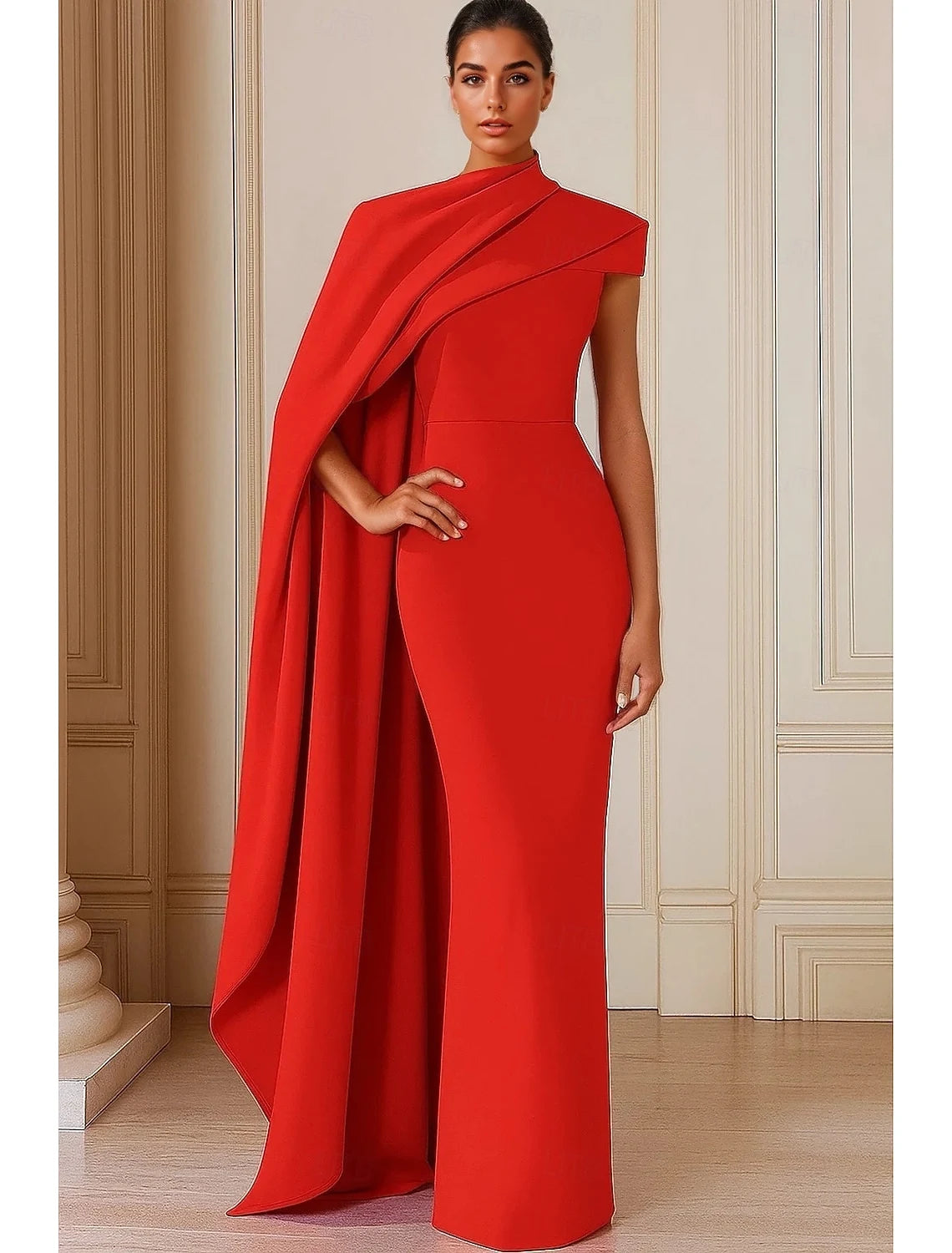 Elegant Sheath High Neck Sleeveless Cape Glamorous Red Floor-Length Evening Gown