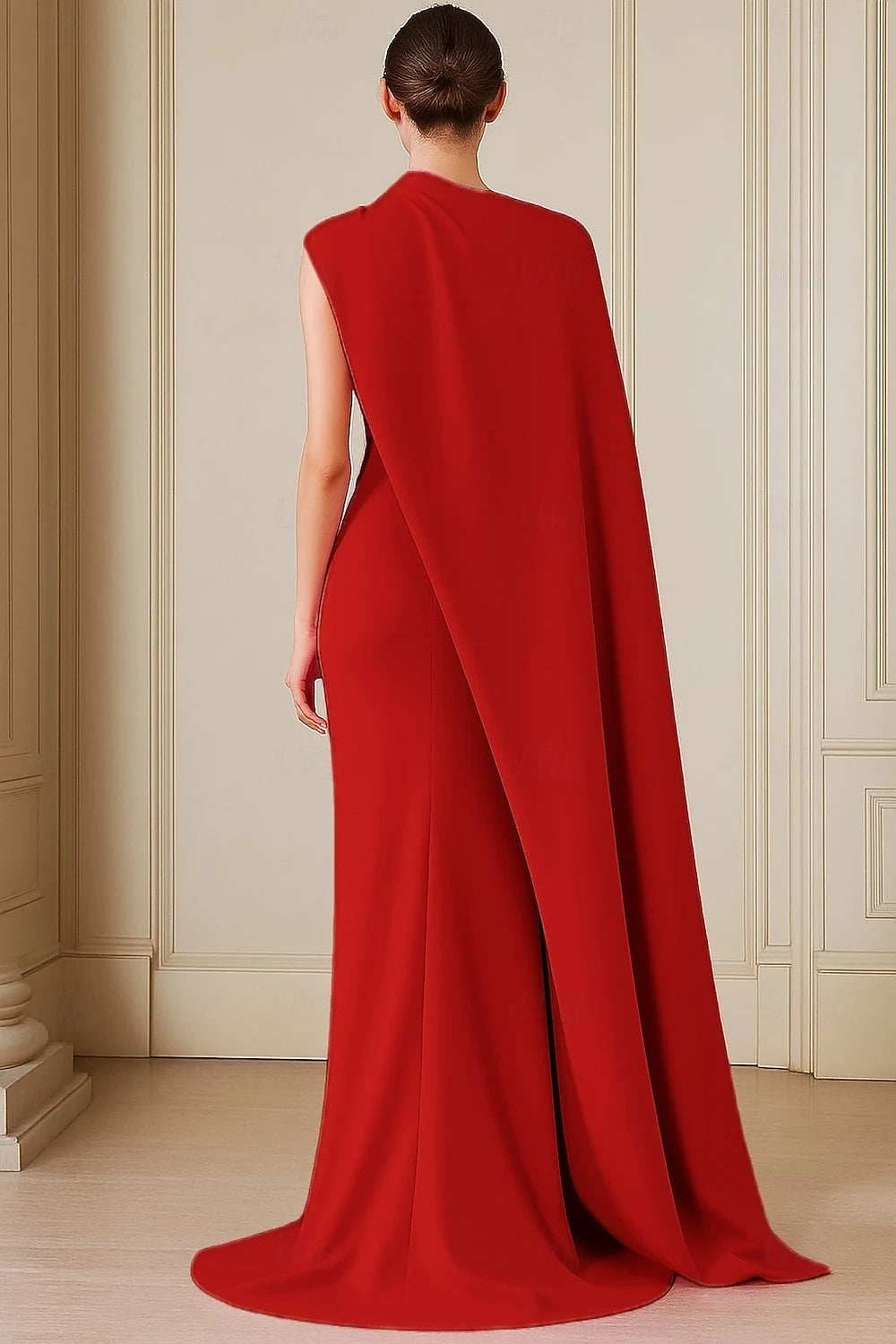 Elegant Sheath High Neck Sleeveless Cape Glamorous Red Floor-Length Evening Gown