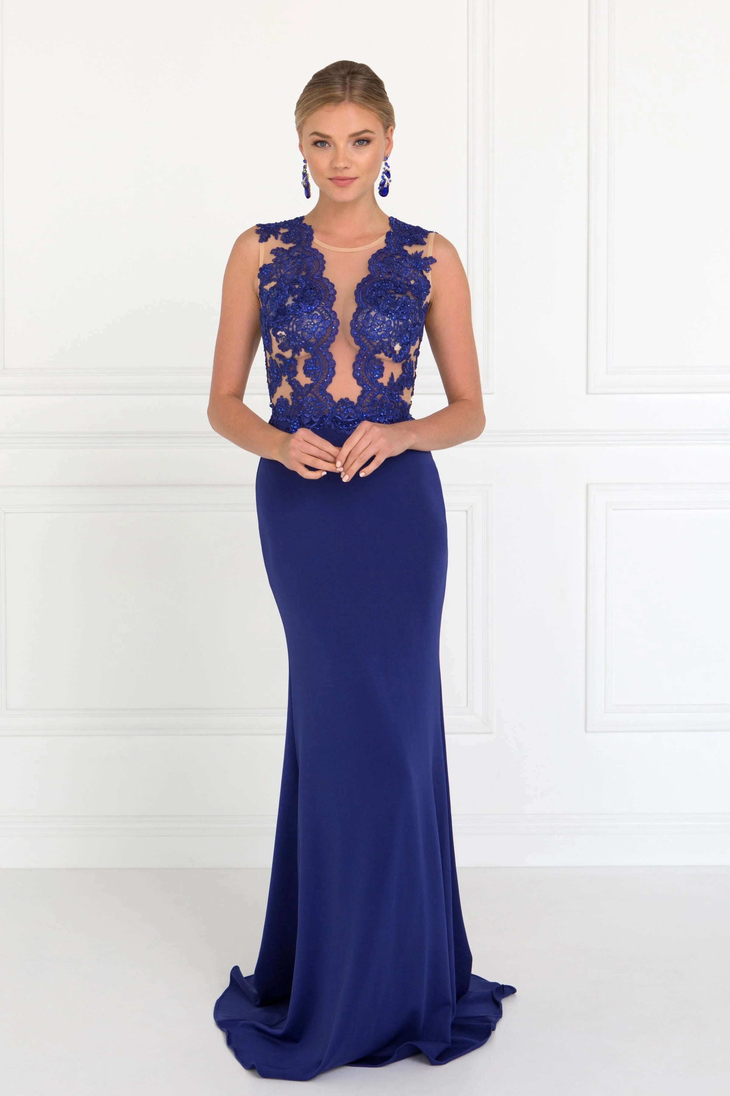 Elegant Sheath Illusion Sleeveless Beaded Open Back Royal Blue Floor-Length Prom Gown