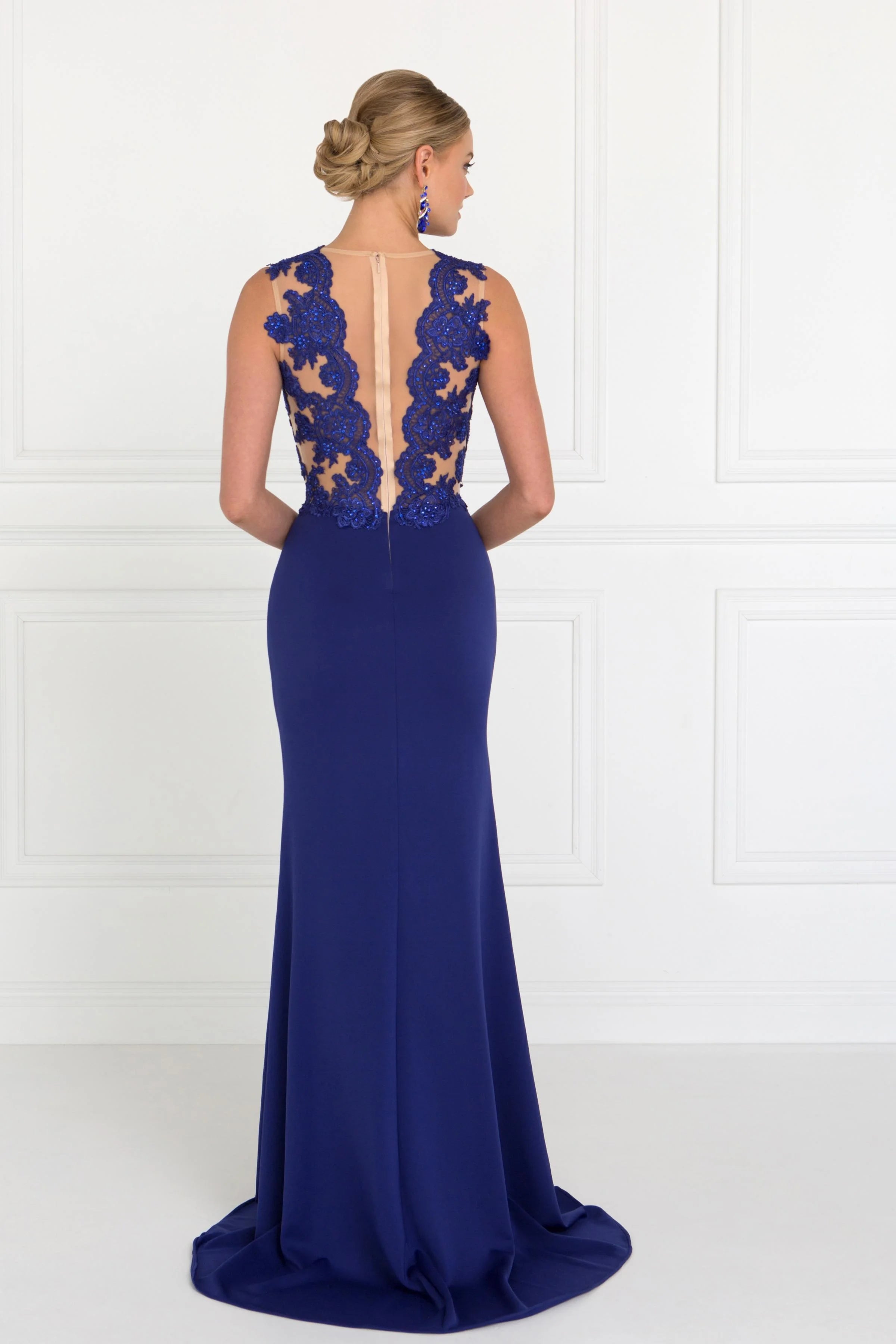 Elegant Sheath Illusion Sleeveless Beaded Open Back Royal Blue Floor-Length Prom Gown