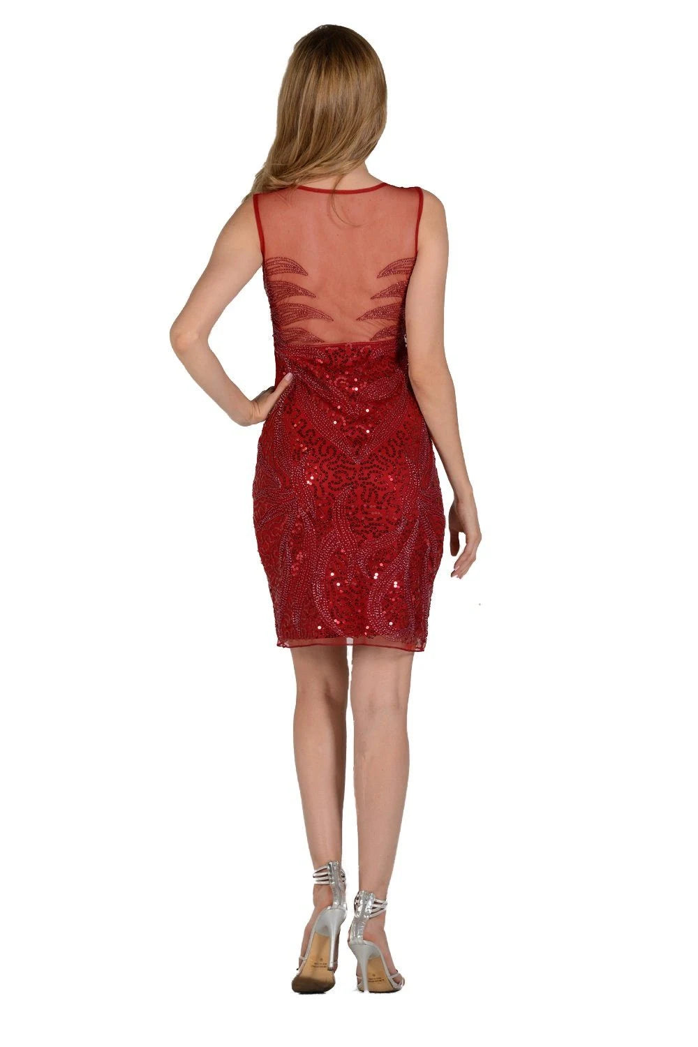 Elegant Sheath Illusion Sleeveless Beaded Sequin Red Short Homecoming Dress Women's