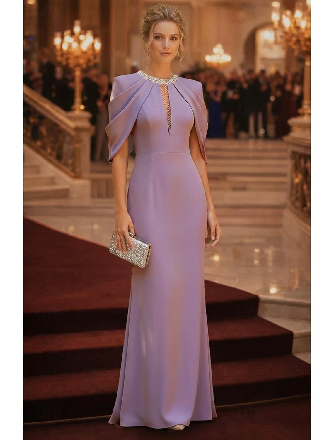 Elegant Sheath Jewel Neck Cape Sleeves Beaded Draped Lavender Floor-Length Evening Gown