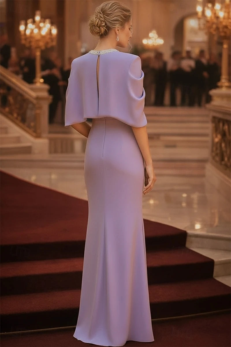 Elegant Sheath Jewel Neck Cape Sleeves Beaded Draped Lavender Floor-Length Evening Gown