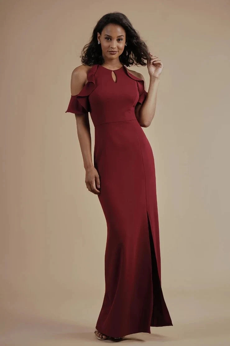 Elegant Sheath Keyhole Cold Shoulder Ruffled Slit Burgundy Maxi Prom Gown