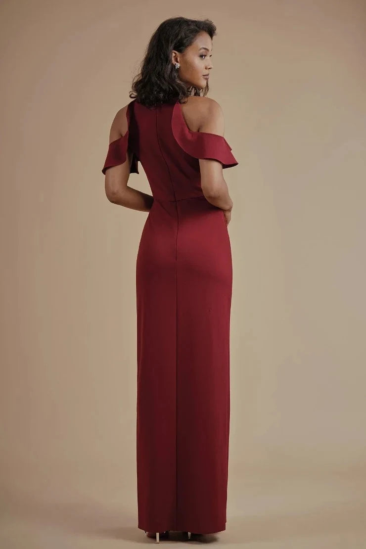 Elegant Sheath Keyhole Cold Shoulder Ruffled Slit Burgundy Maxi Prom Gown