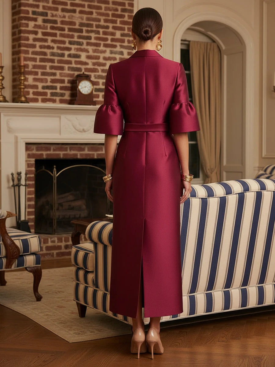 Elegant Sheath Lapel Belted Burgundy Maxi Mother Of The Bride Dress