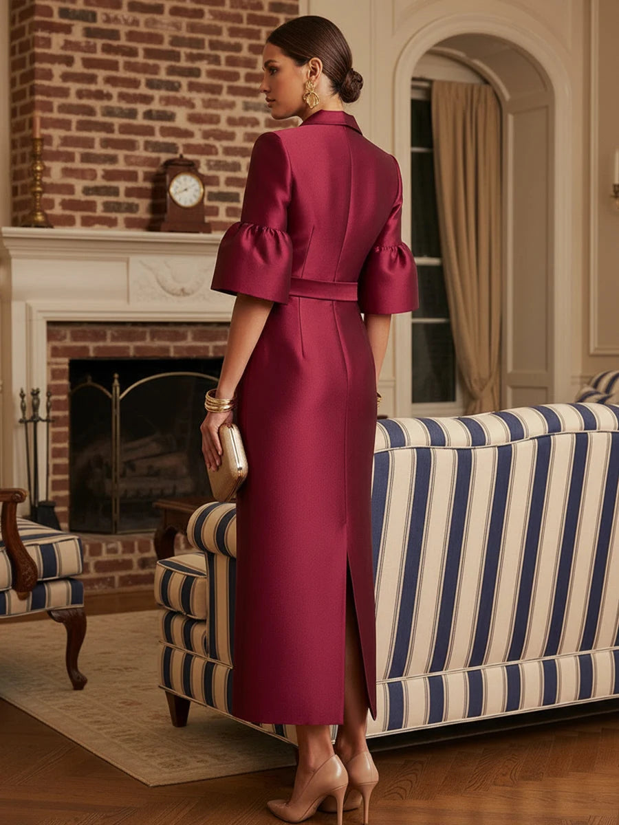 Elegant Sheath Lapel Belted Burgundy Maxi Mother Of The Bride Dress