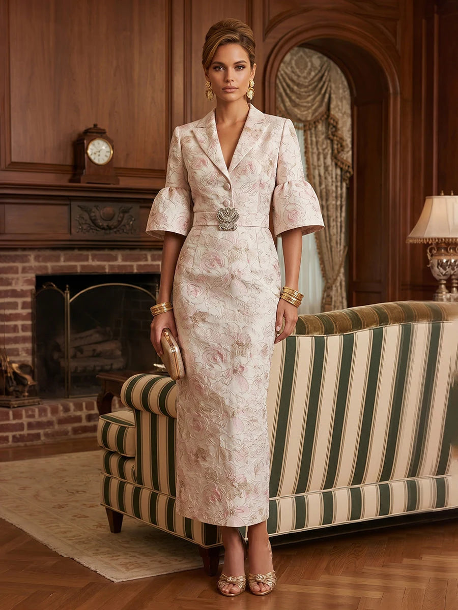 Elegant Sheath Lapel Sleeved Belted Pink Maxi Mother Of The Bride Dress