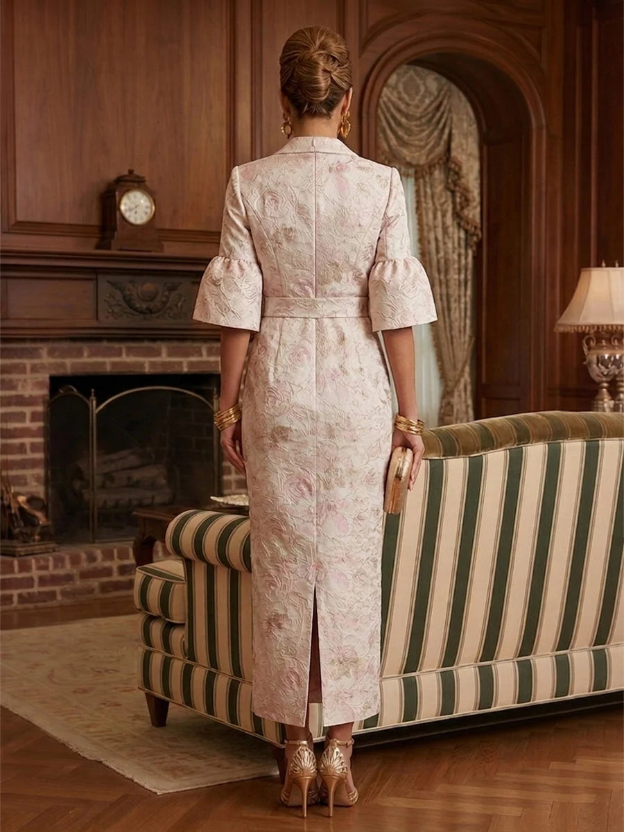Elegant Sheath Lapel Sleeved Belted Pink Maxi Mother Of The Bride Dress