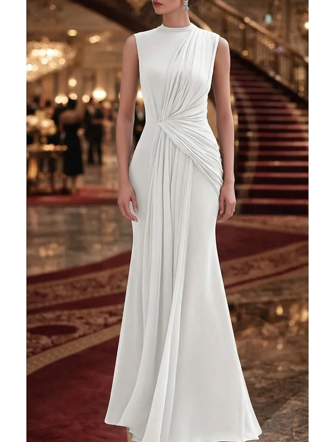 Elegant Sheath Mock Neck Sleeveless Draped White Floor-Length Evening Gown
