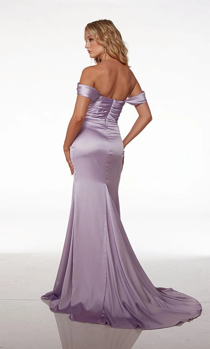 Elegant Sheath Off-Shoulder Cowl Neck Draped Slit Lavender Prom Gown