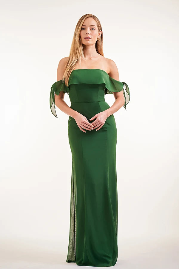 Elegant Sheath Off-Shoulder Draped Sophisticated Emerald Green Floor-Length Prom Dresses Women's Gown