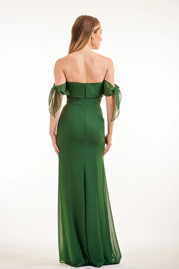 Elegant Sheath Off-Shoulder Draped Sophisticated Emerald Green Floor-Length Prom Dresses Women's Gown