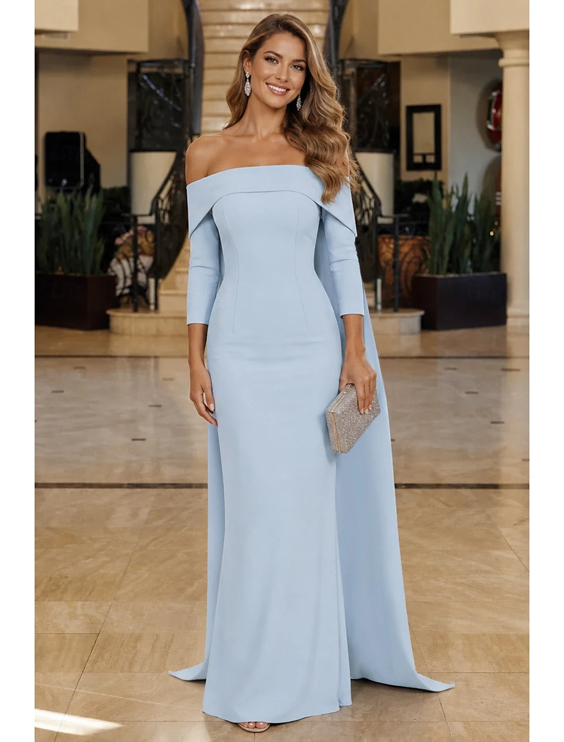 Elegant Sheath Off-Shoulder Long Sleeve Chic Light Blue Floor-Length Evening Gown