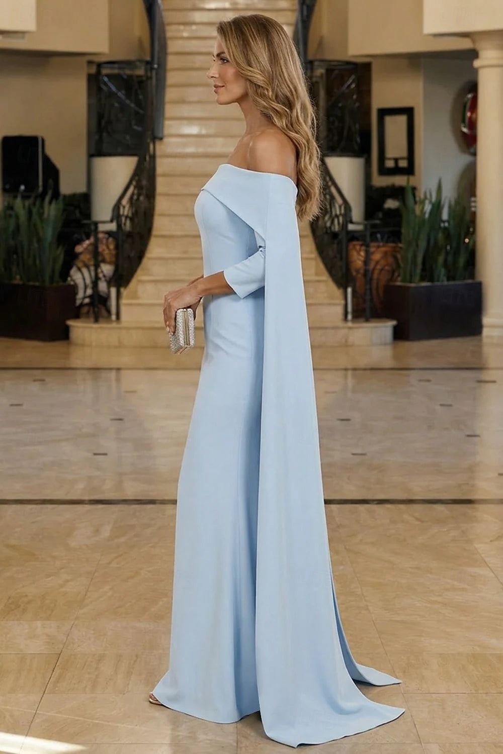 Elegant Sheath Off-Shoulder Long Sleeve Chic Light Blue Floor-Length Evening Gown