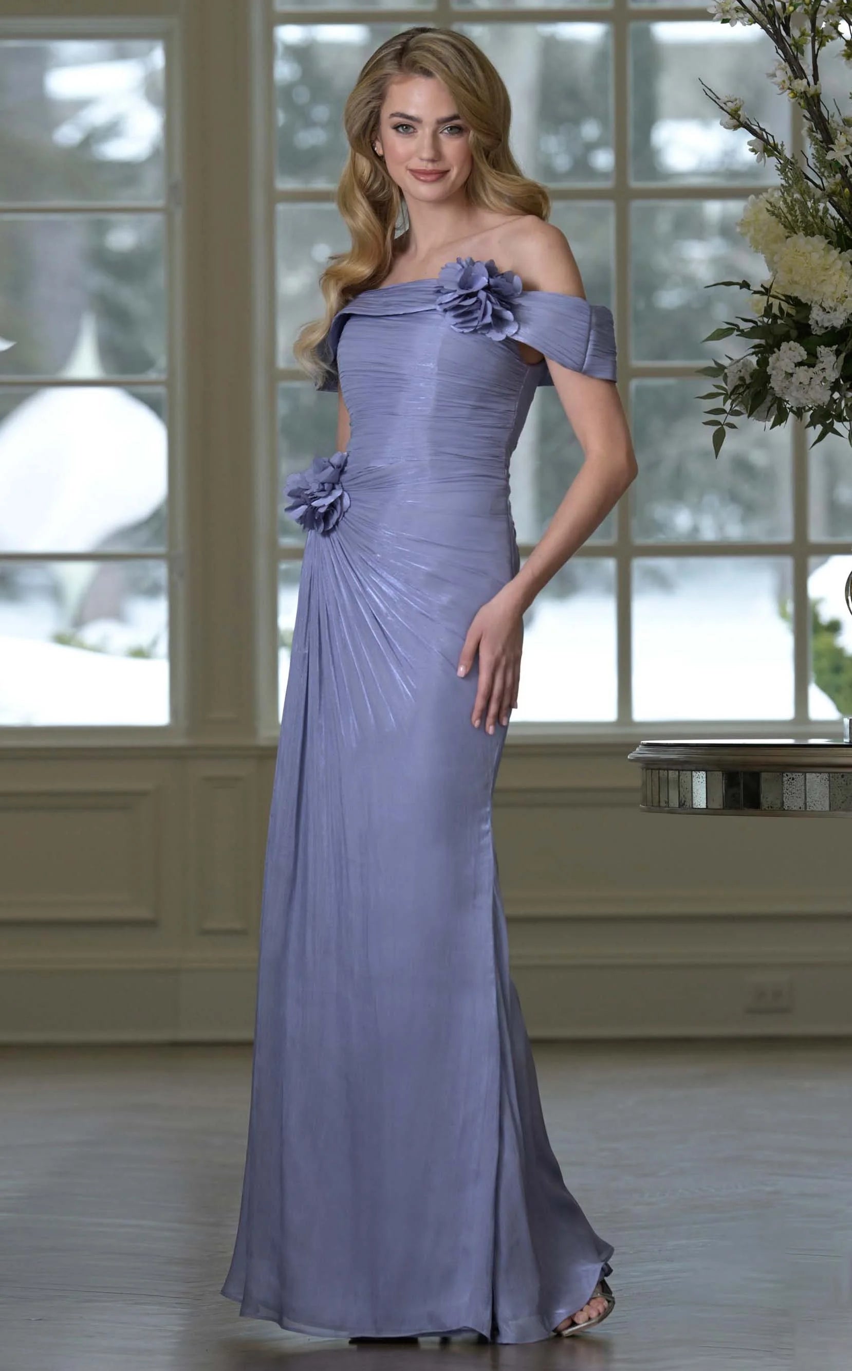 Elegant Sheath Off-Shoulder Ruched Floral Lavender Floor-Length Prom Gown