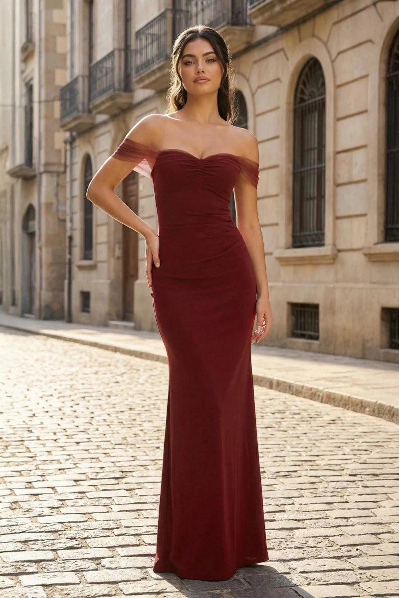 Elegant Sheath Off-Shoulder Ruched Lace-Up Burgundy Long Prom Dresses Women Gown