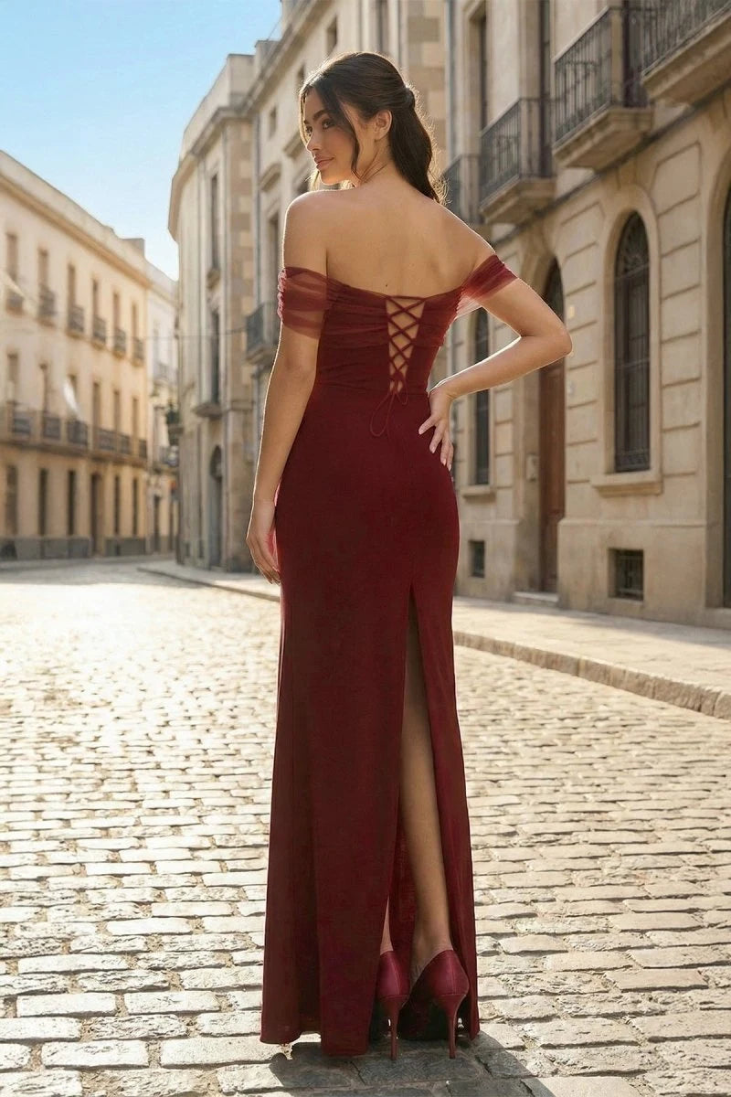 Elegant Sheath Off-Shoulder Ruched Lace-Up Burgundy Long Prom Dresses Women Gown