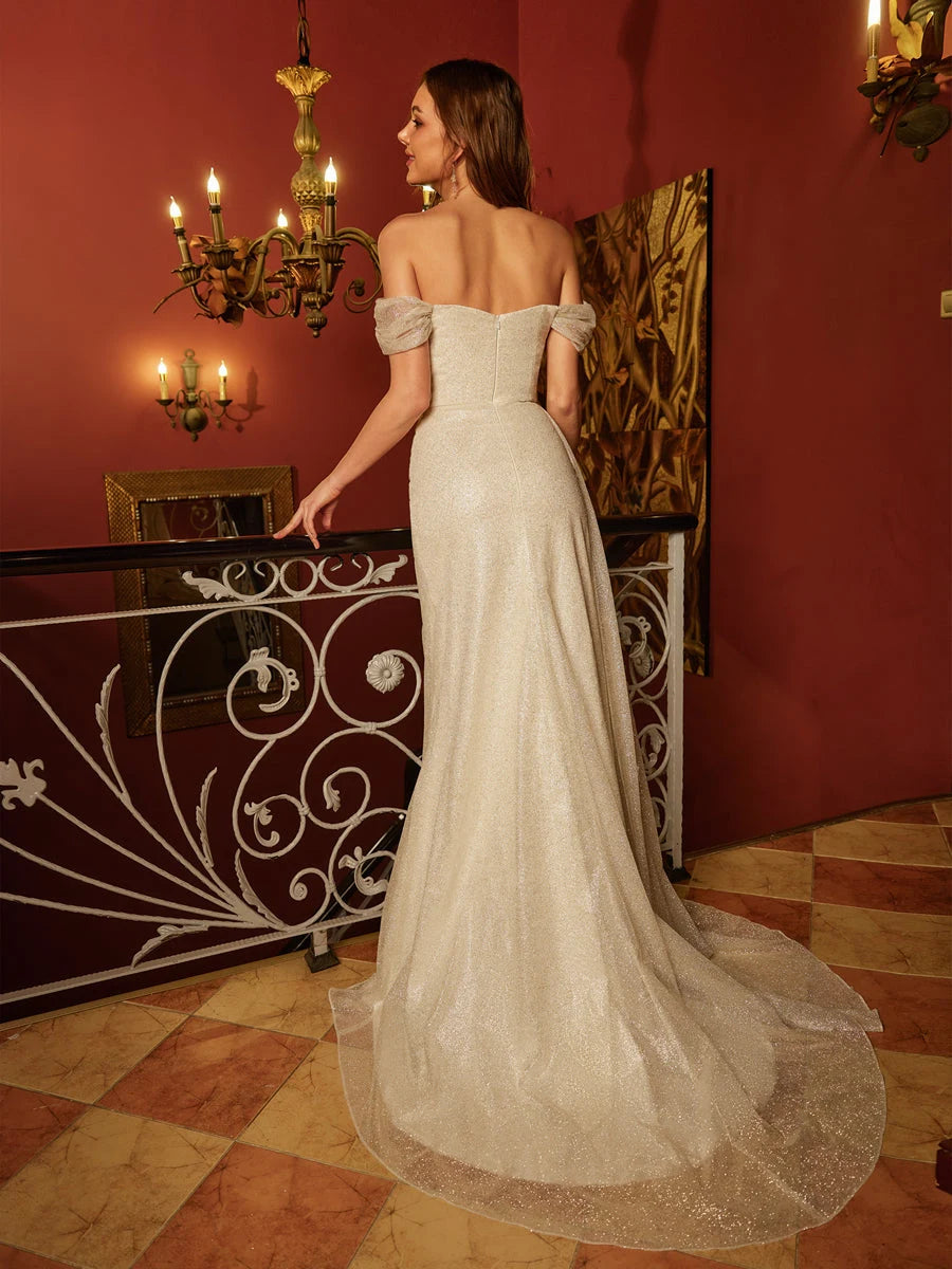 Elegant Sheath Off-Shoulder Ruched Slit Champagne Floor-Length Prom Dress for Women