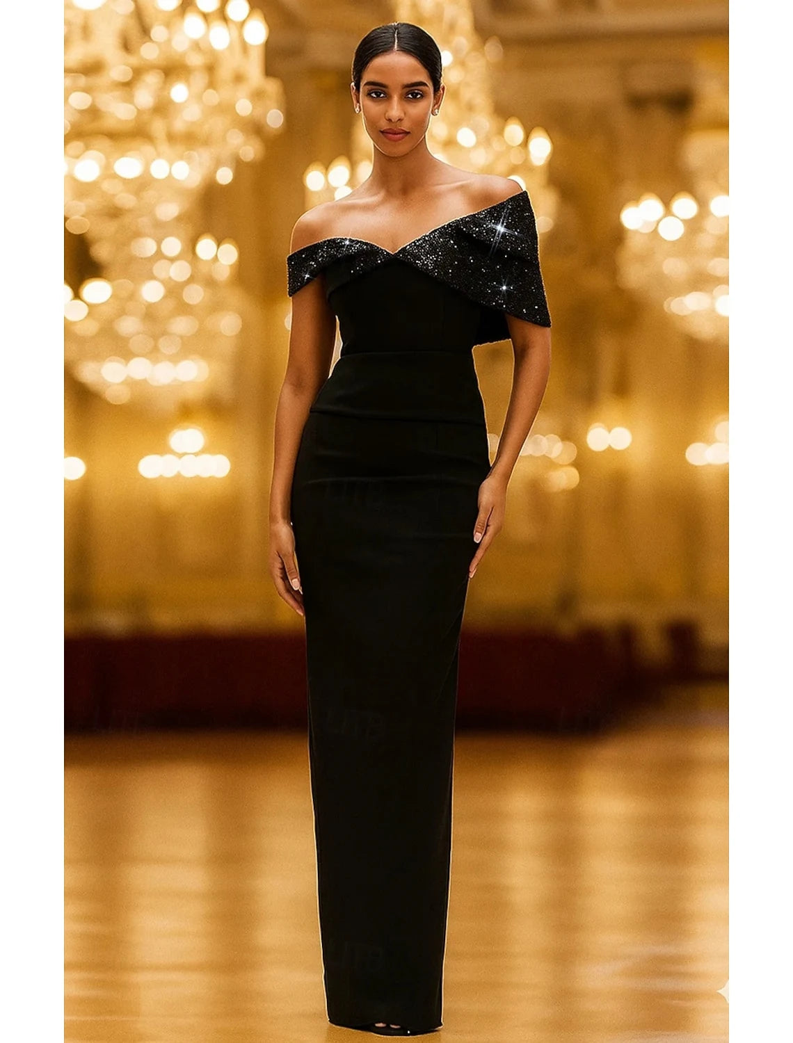 Elegant Sheath Off-Shoulder Sequin Draped Black Floor-Length Evening Dresses Women's Gown