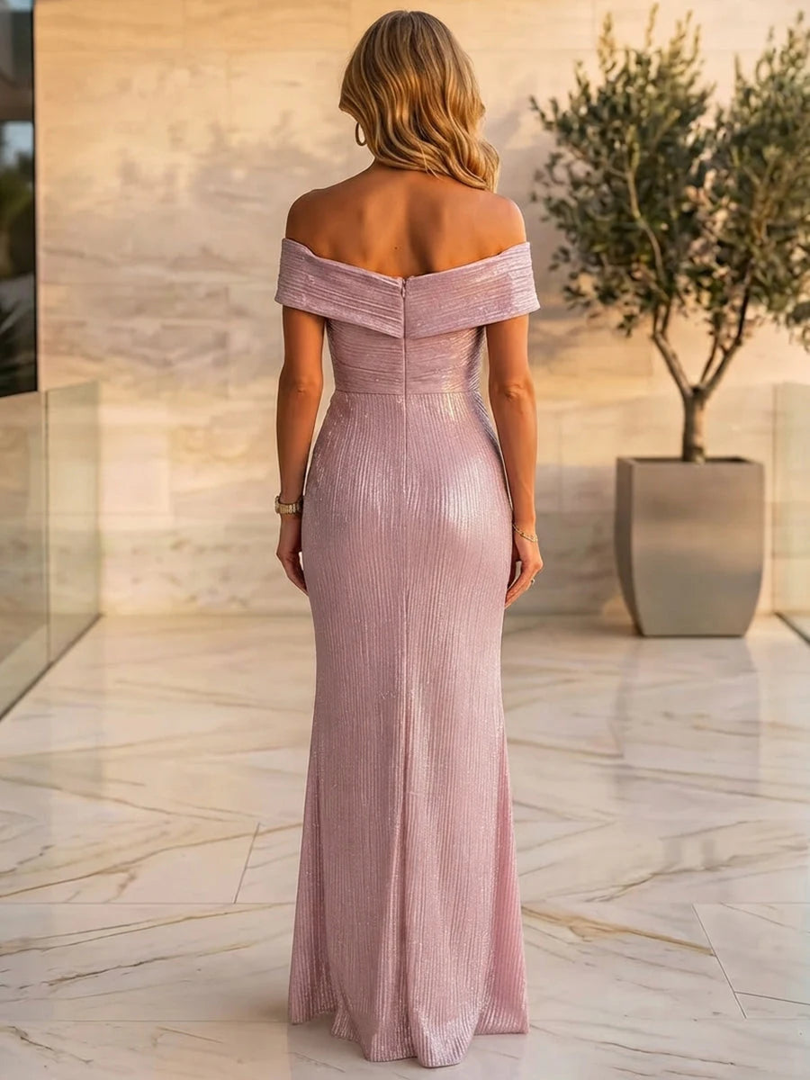Elegant Sheath Off-Shoulder Short-Sleeve Ruched Draped Pink Maxi Mother-of-the-Bride Women Gown