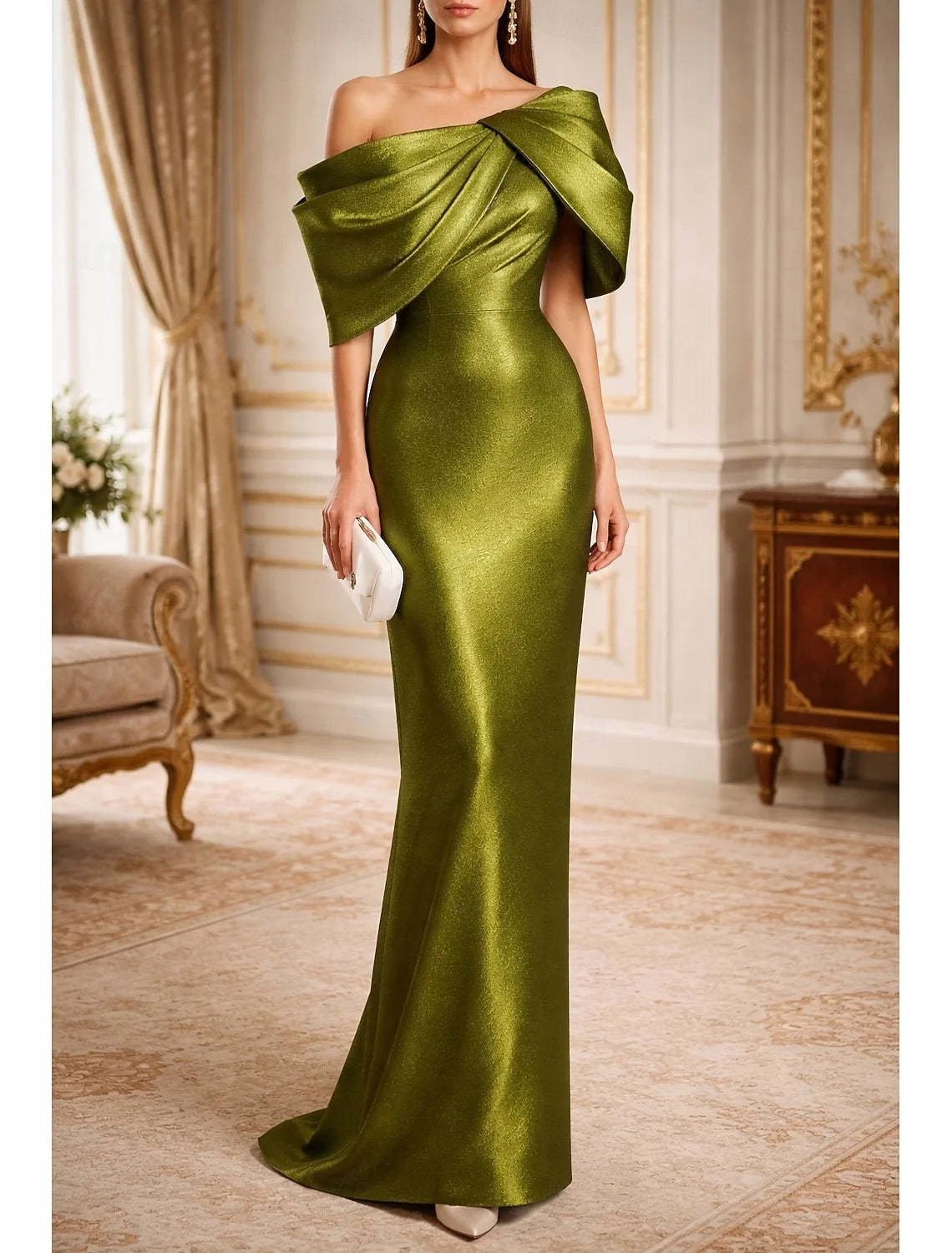 Elegant Sheath Off-Shoulder Sleeveless Glamorous Olive Green Floor-Length Evening Dresses Women's Gown