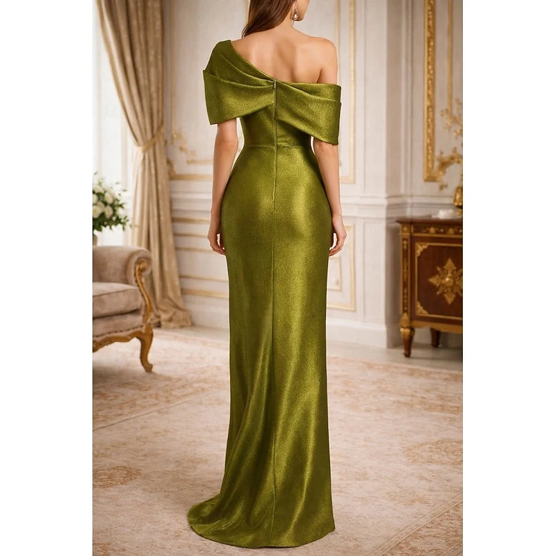 Elegant Sheath Off-Shoulder Sleeveless Glamorous Olive Green Floor-Length Evening Dresses Women's Gown