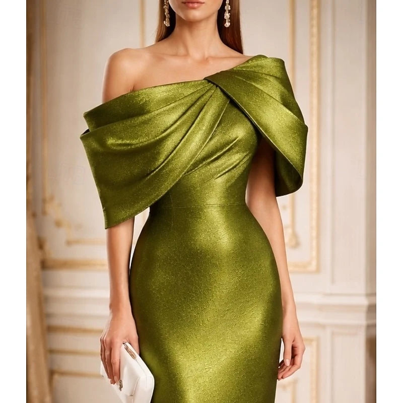 Elegant Sheath Off-Shoulder Sleeveless Glamorous Olive Green Floor-Length Evening Dresses Women's Gown