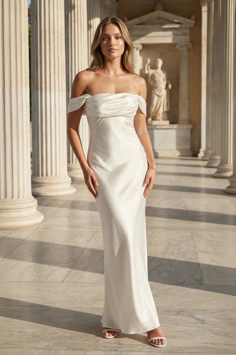 Elegant Sheath Off-Shoulder Sleeveless Ruched Lace-Up Ivory Long Prom Dresses Women
