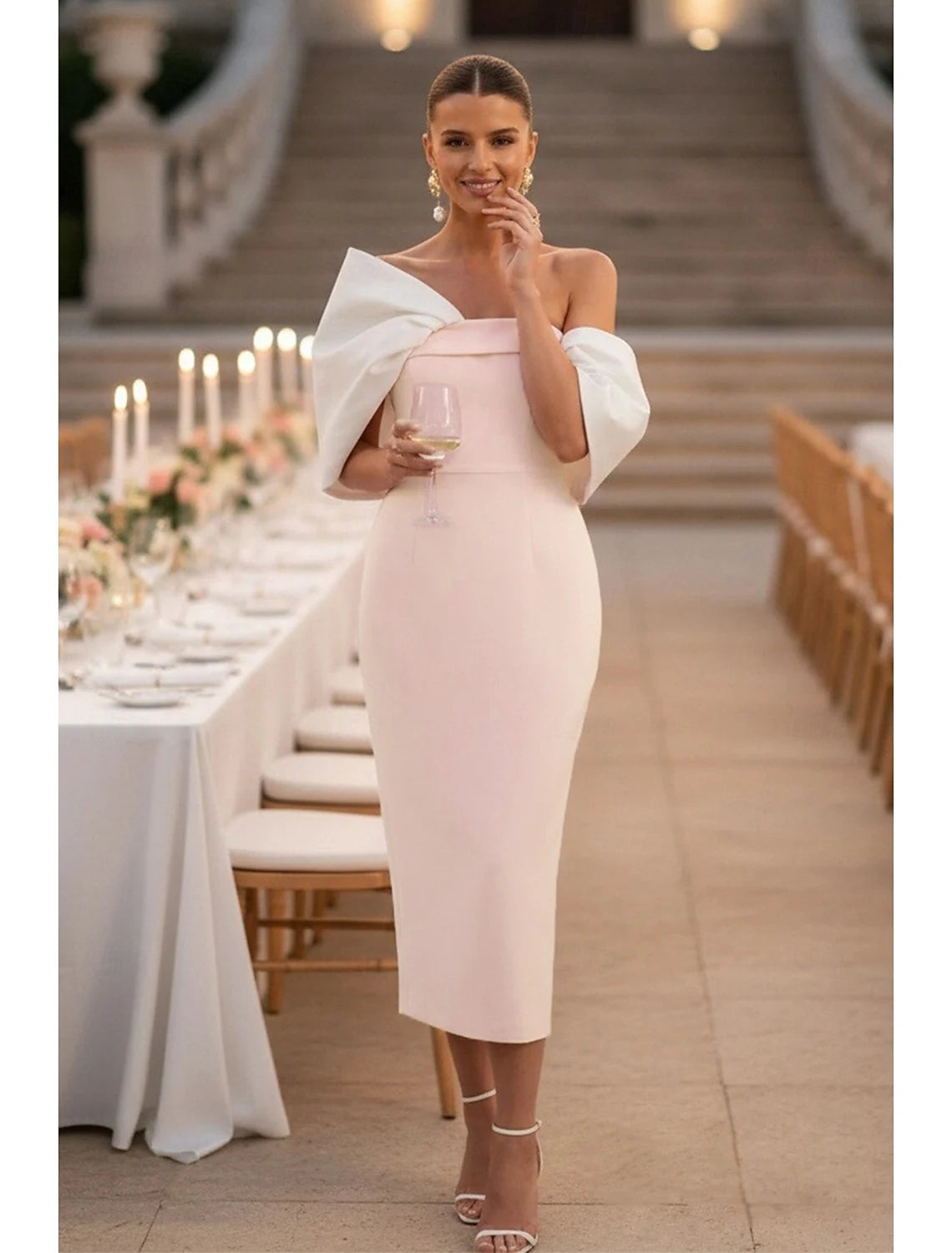 Elegant Sheath Off-Shoulder Sleeves Bow Back Blush Pink Midi Prom Dress Women's