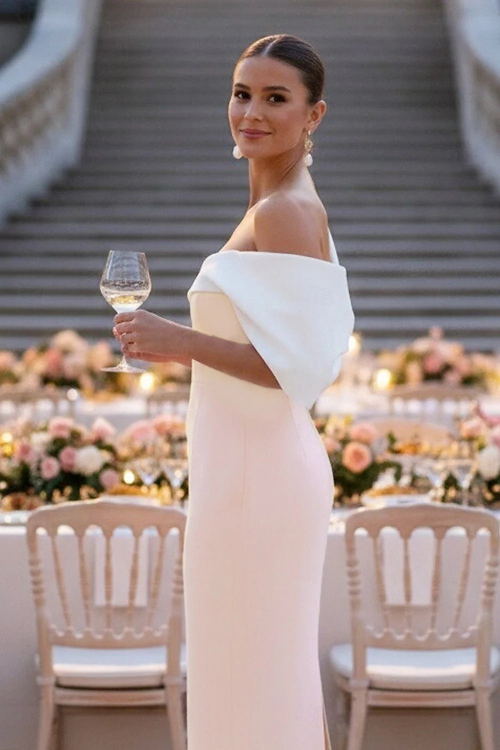 Elegant Sheath Off-Shoulder Sleeves Bow Back Blush Pink Midi Prom Dress Women's
