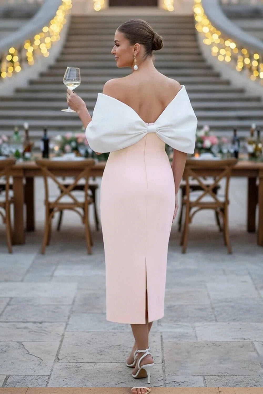 Elegant Sheath Off-Shoulder Sleeves Bow Back Blush Pink Midi Prom Dress Women's