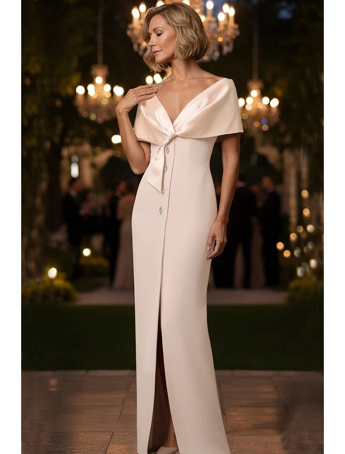 Elegant Sheath Off-Shoulder V-Neck Draped Bow-Back Blush Pink Floor-Length Evening Gown