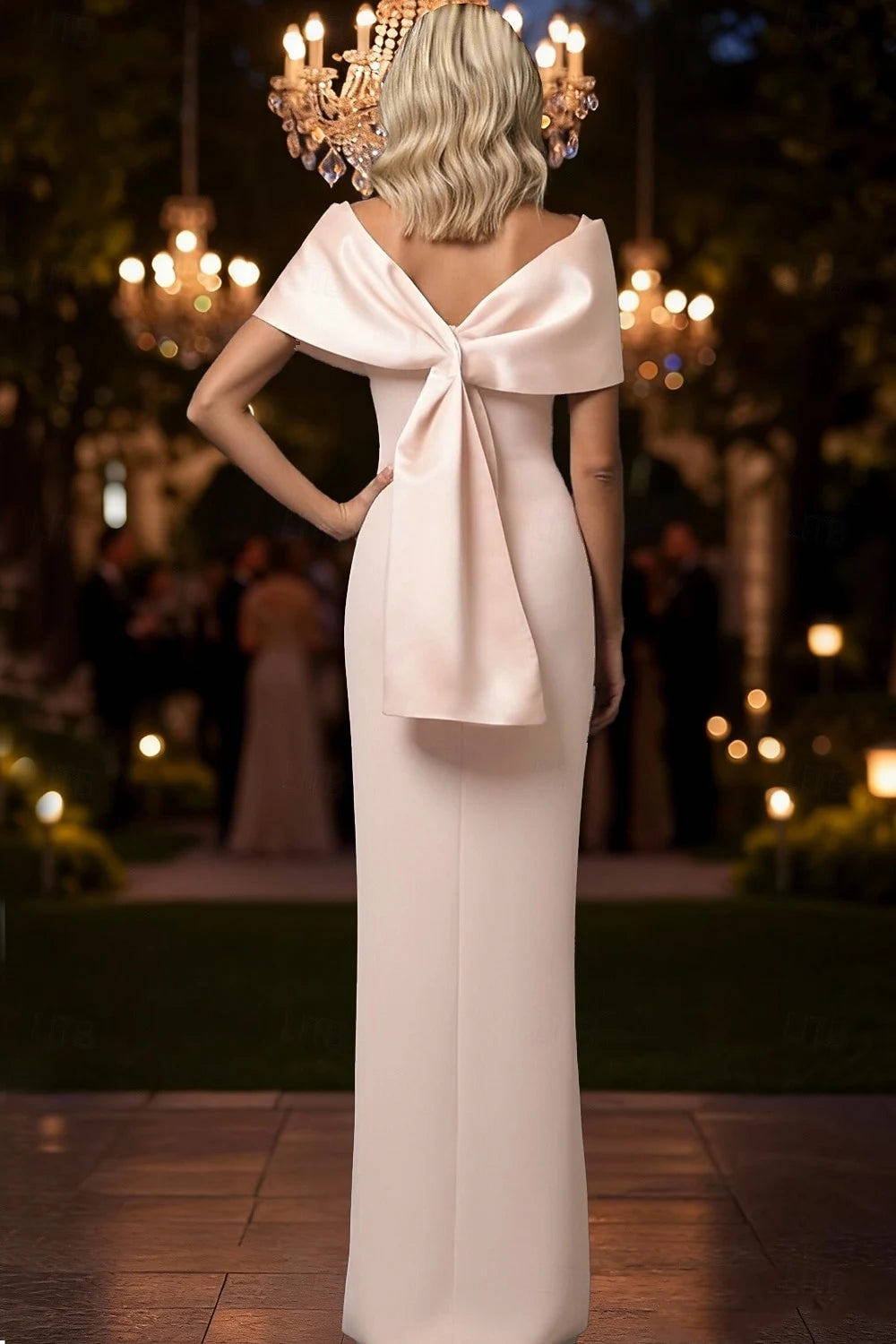 Elegant Sheath Off-Shoulder V-Neck Draped Bow-Back Blush Pink Floor-Length Evening Gown