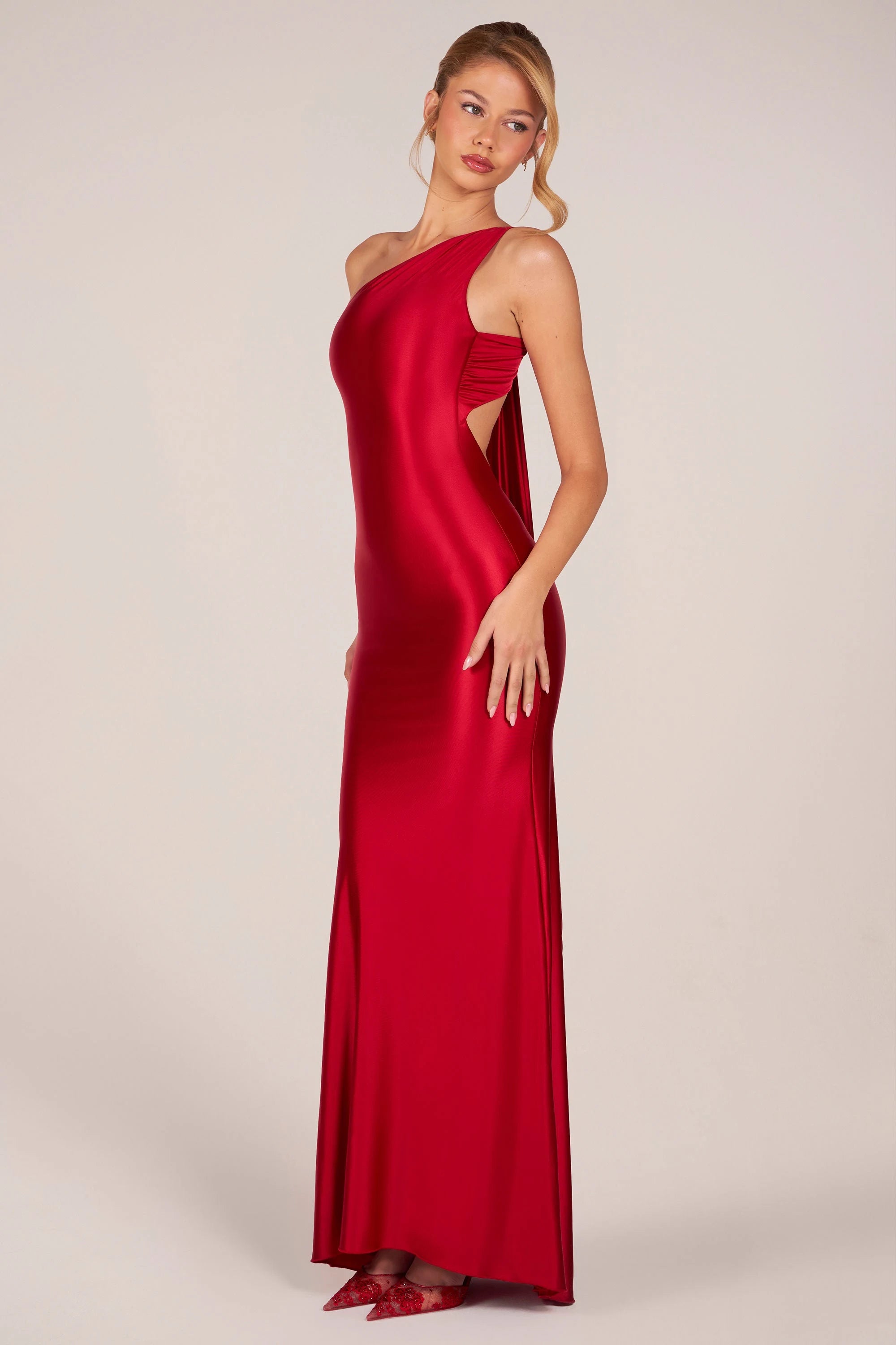 Elegant Sheath One-Shoulder Backless Draped Red Floor-Length Prom Dress